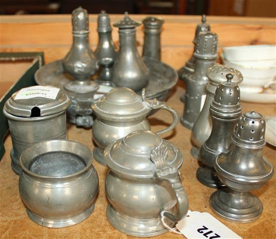 Pewter condiments: 12 various items and a pewter warming pan